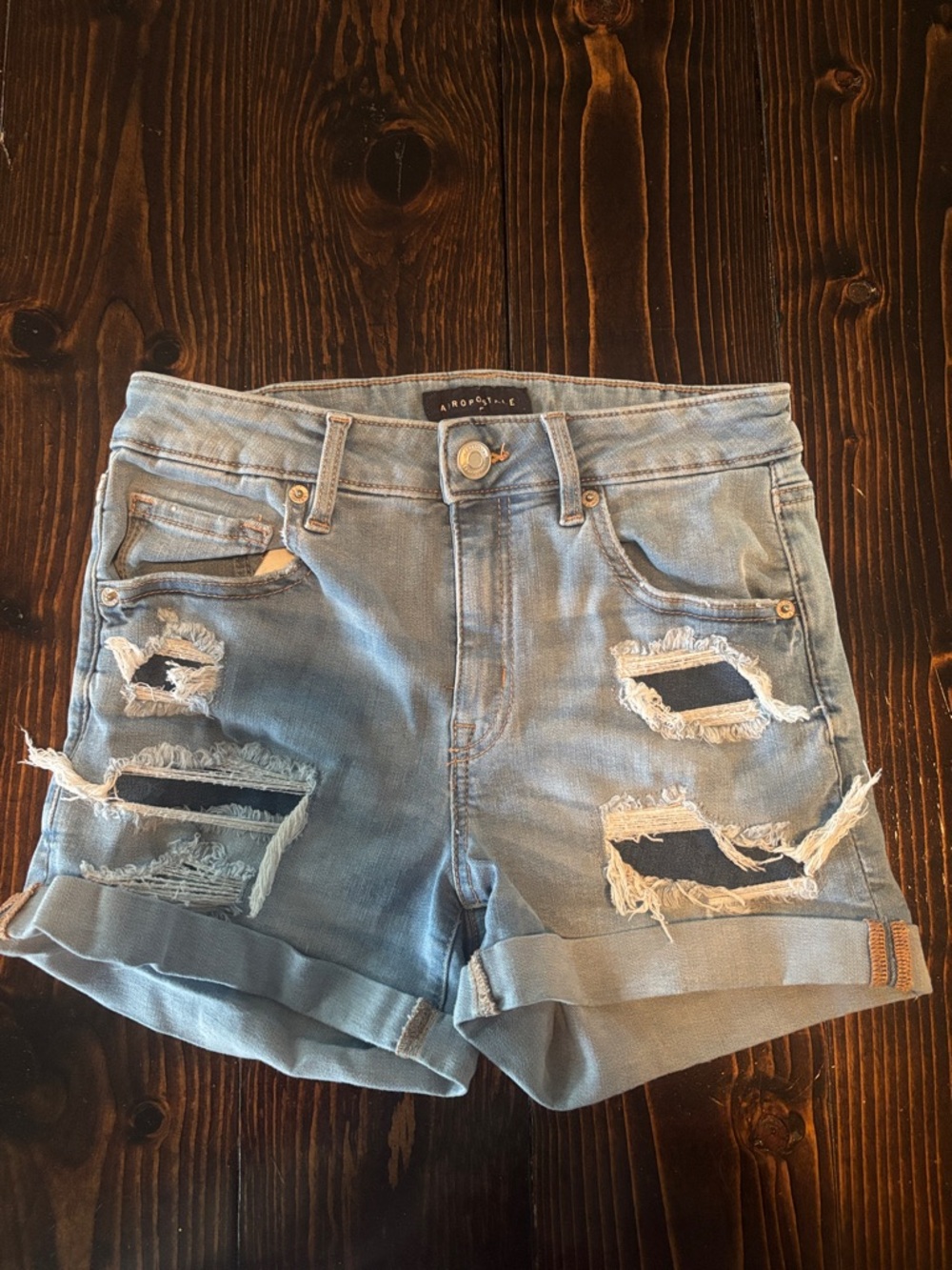 Aeropostale Light Blue Distressed Rolled Hem Jean Shorts